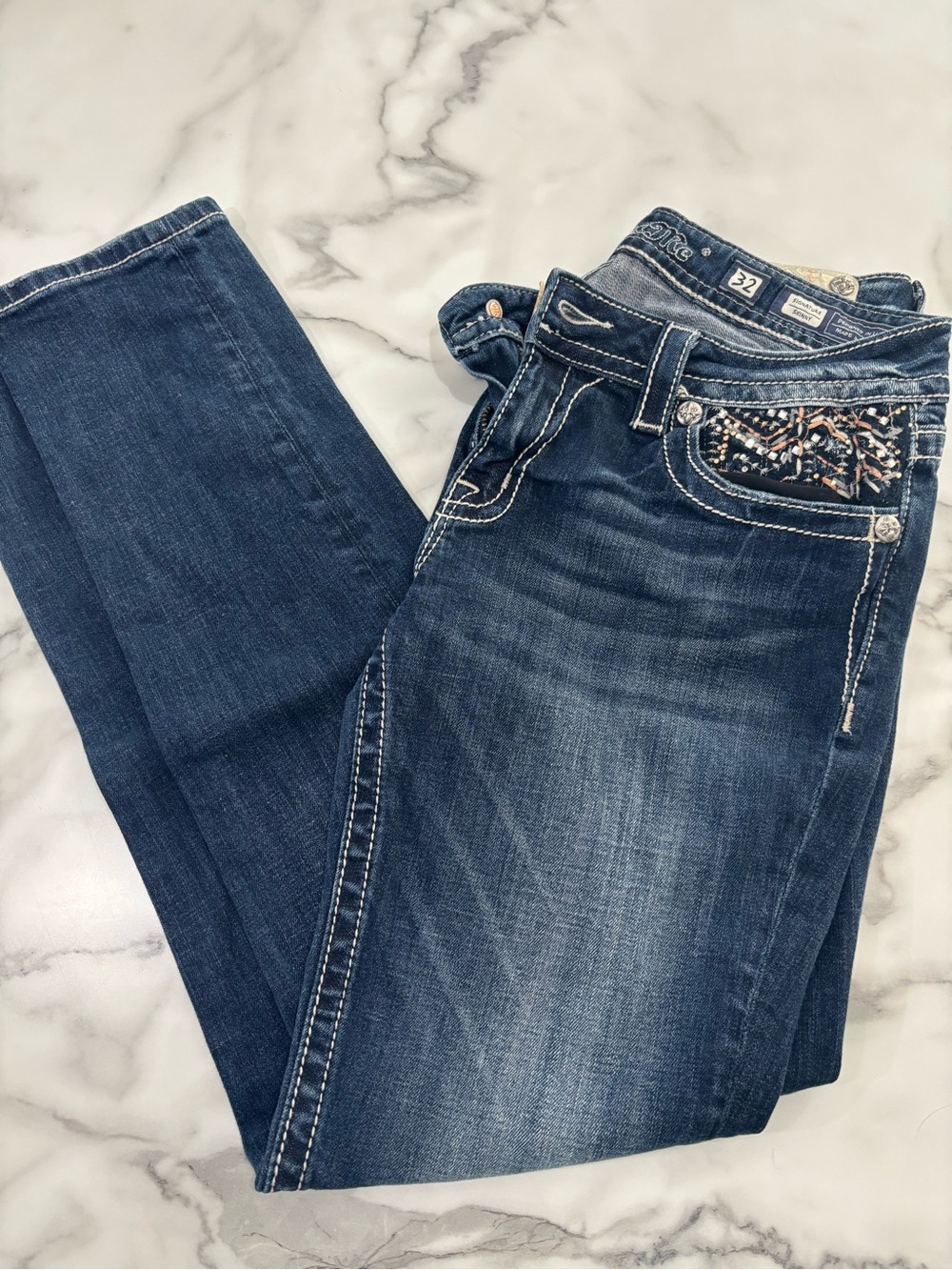Miss Me Dark Blue Straight Leg Jeans with Embellished Pockets